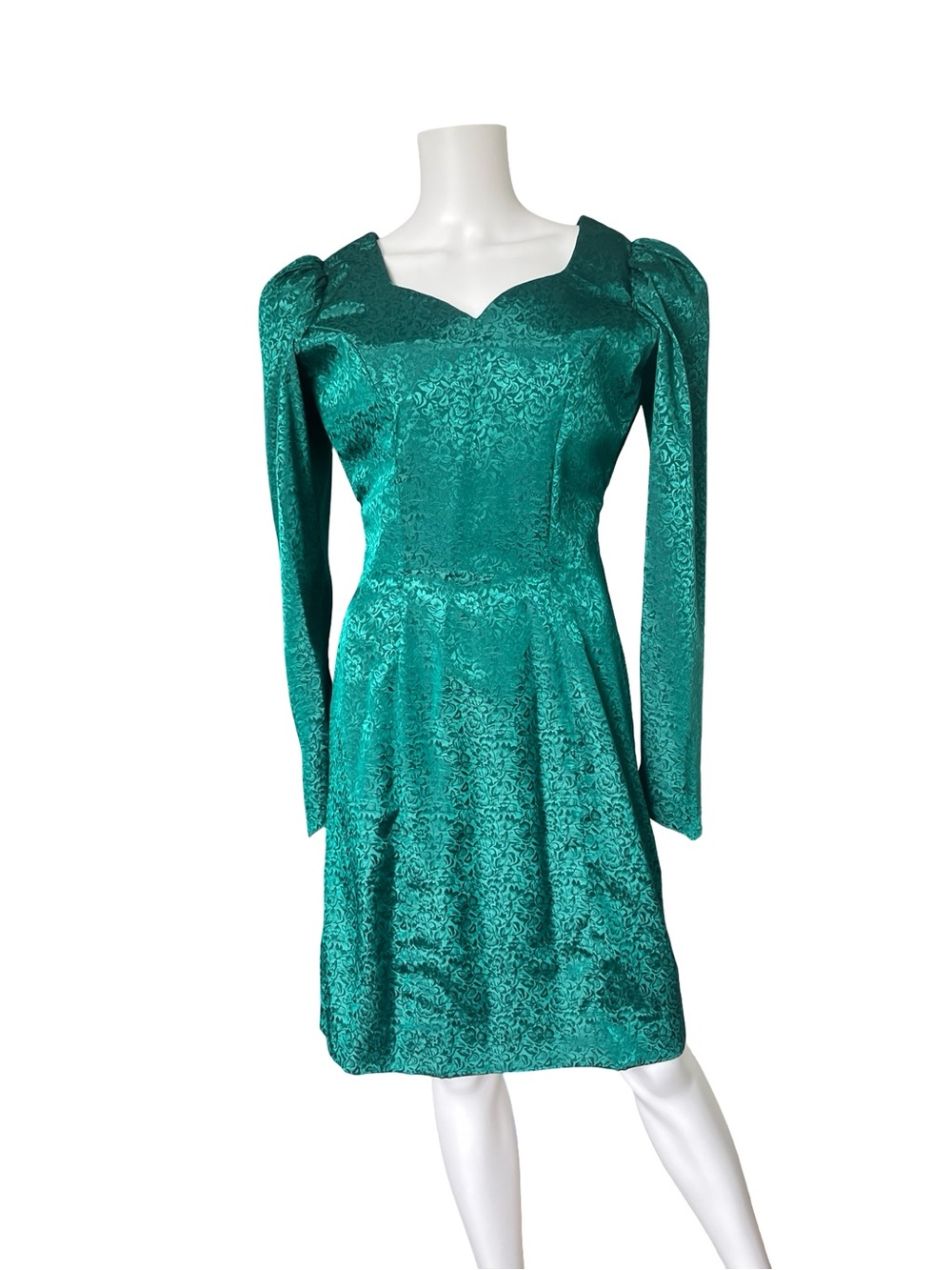 Vintage Green Satin Dress Floral Knee Length Handmade Long Sleeve Prom Hoco